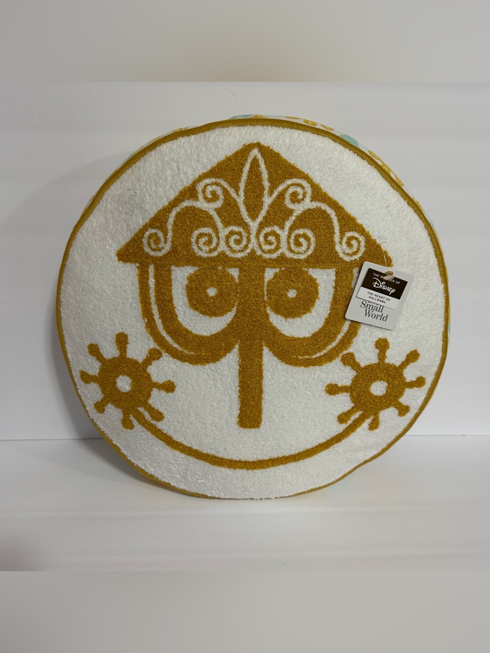 Disney Hallmark Round Its a Small World Accent Pillow in Gold and White - New
